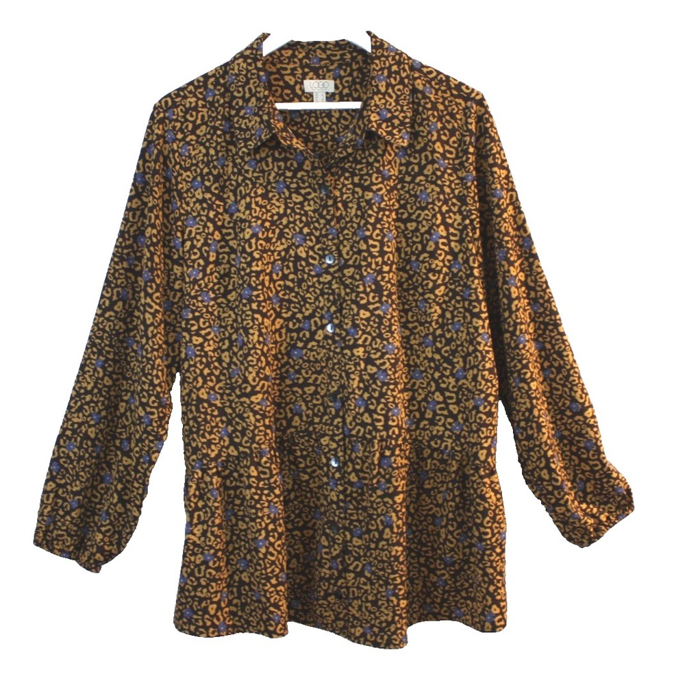 LOGO Lori Goldstein Blouse Womens Large Brown Long Sleeve Button Animal Print